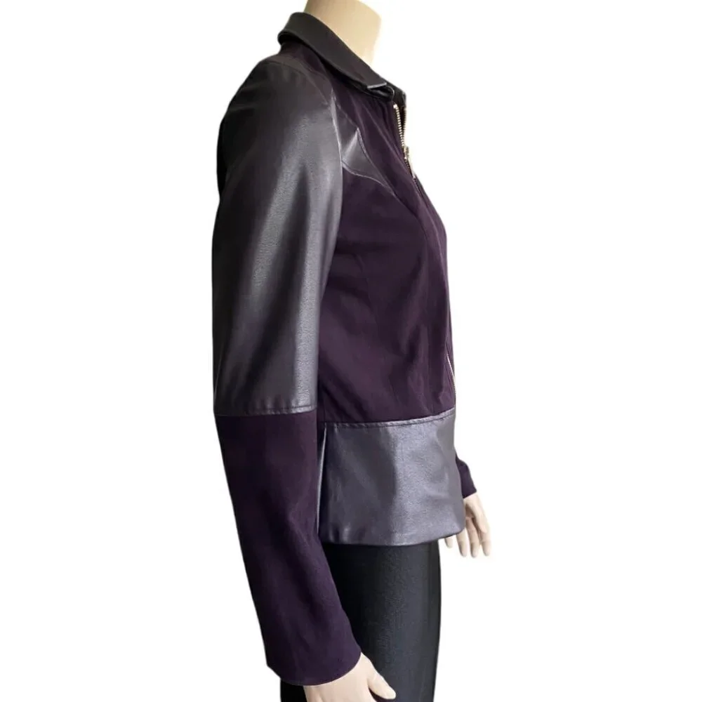 Conrad C Mixed Media Deep Plum Zip Up Faux Leather Jacket 10 - Picture 2 of 14